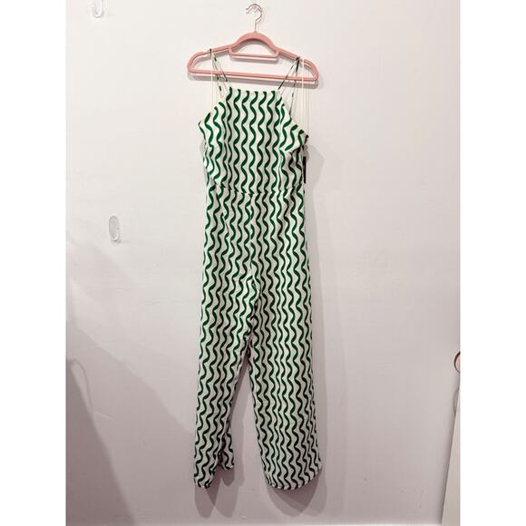 Mango Geometric Sleeveless Straight Leg Jumpsuits Green/White Women's Medium - Picture 2 of 6